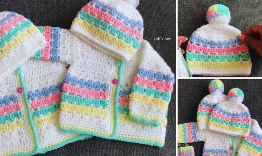 🧶 How to Make a Beautiful Crochet Baby Cardigan and Hat Using Five Colors