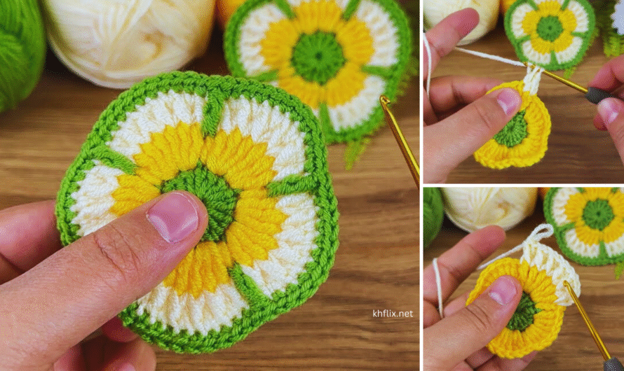 🌼 How to Make a Newest Crochet Flower Motif Using Green, White, and Yellow