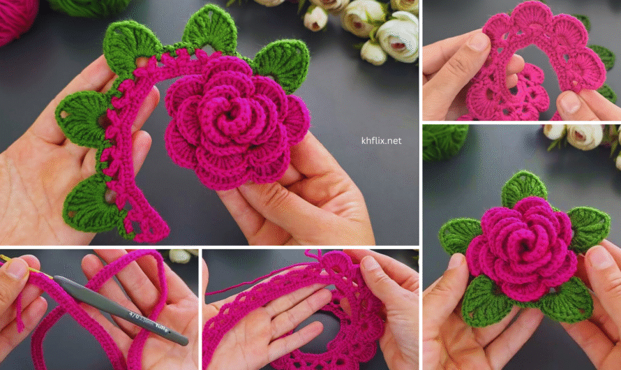 🌹 Crochet Rose Flower with Pink and Blue Yarn