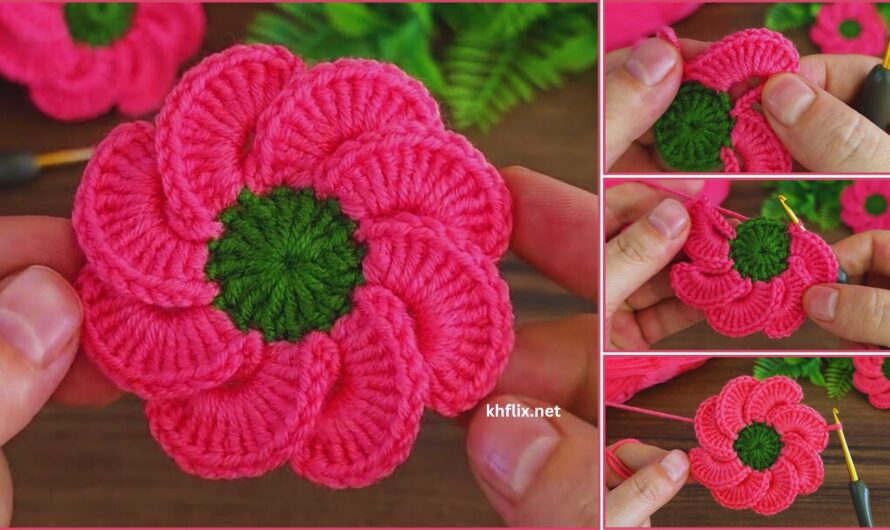 🌸 How to Make a Crochet 3D Flower (Pink Color) – Step by Step
