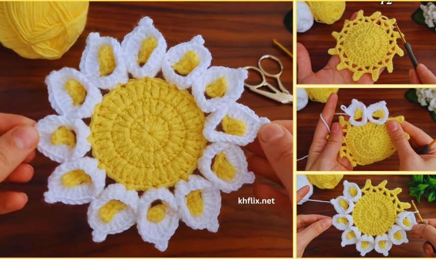How to Make a Beautiful 3D Flower Motif Crochet Coaster — White & Yellow Color 🌸🌸🧶