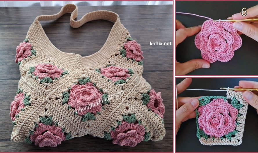 DIY Crochet Rose Granny Square Bag Tutorial Step by Step👜👜