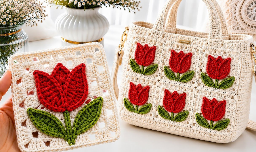 👜💖💕How To Crochet a Beautiful Tulip Flower Motif | Bag, Table Runner & Granny Square💖