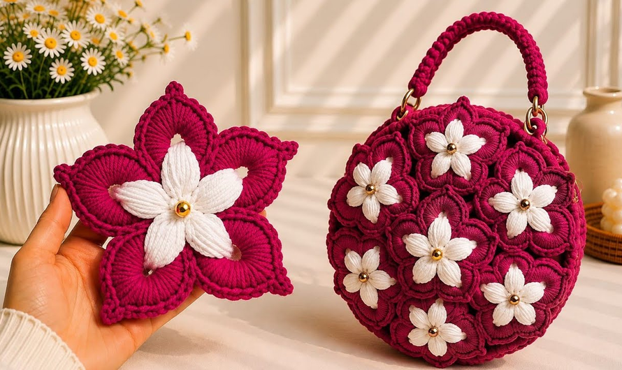 🌸👜How to Crochet Flower Motif Round Bag💕