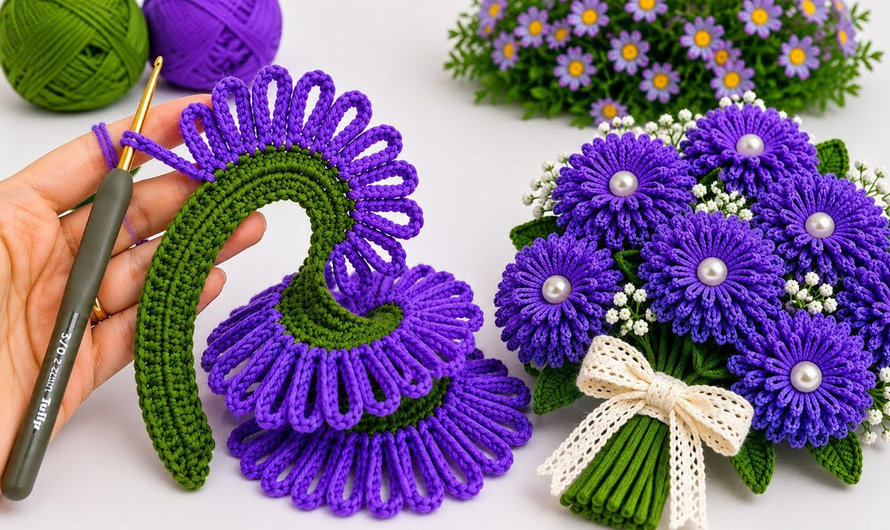 💜 How to Crochet a Beautiful 3D Flower Bouquet | Easy Step-by-Step😘